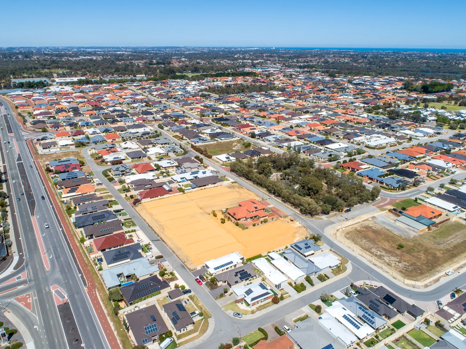 Aerial view of a development site within an established residential neighbourhood