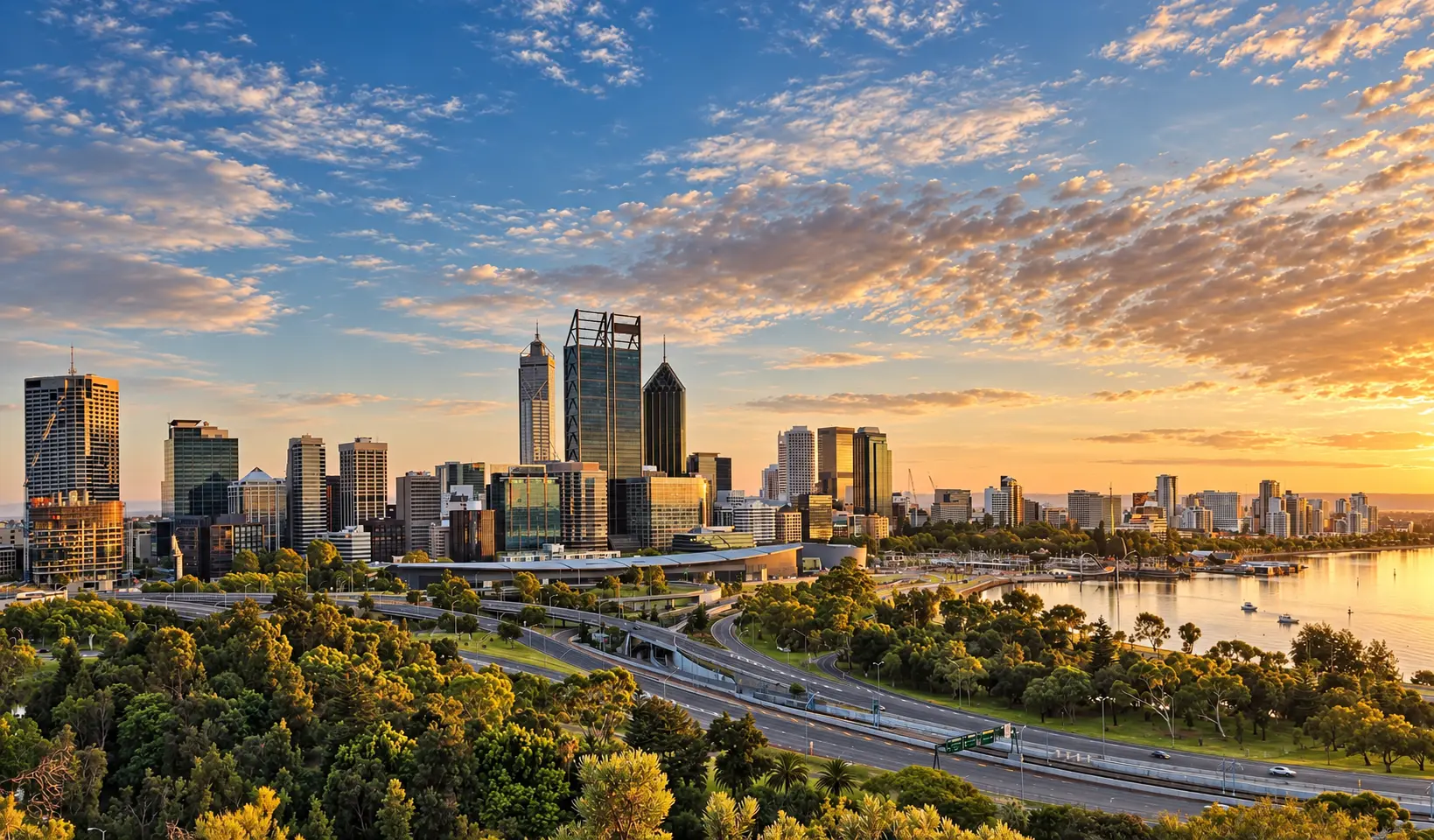 Perth skyline and Swan River in warm evening light